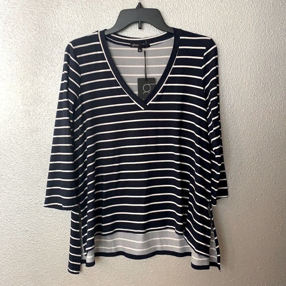 GIBSON oversized XS striped Vneck hi-lo shirt